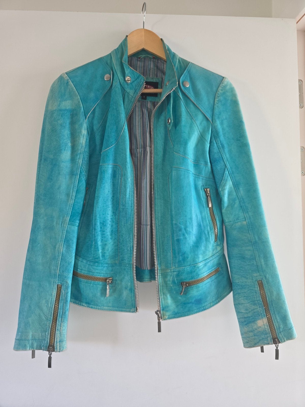 super mooi turquoise  lederen jack, Ophalen of Verzenden, Zo goed als nieuw, Maat 36 (S), Blauw