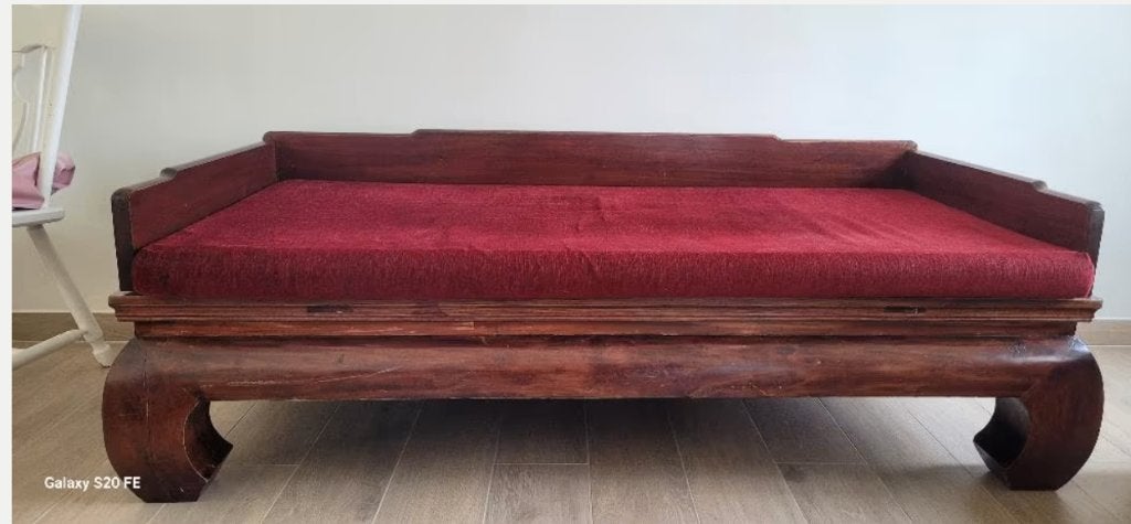 Chinese opiumbank - zetel - hout, Ophalen, Gebruikt, 150 tot 200 cm, Driepersoons