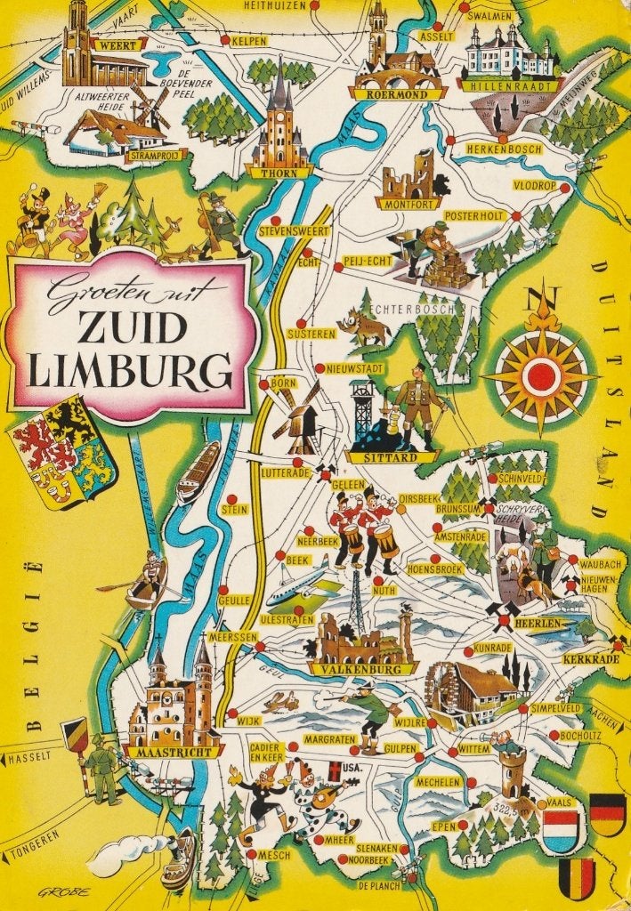 ZUID LIMBURG Landkaart (Gekartelde Rand), Verzamelen, Verzenden, 1960 tot 1980, Gelopen, Limburg