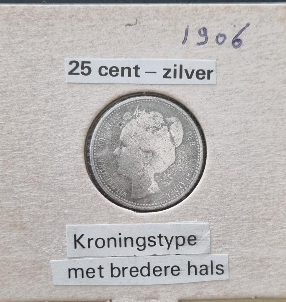 Zilveren kwartje Wilhermina 1906, Zilver, 25 cent, Ophalen of Verzenden, Koningin Wilhelmina