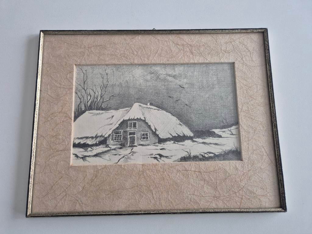 Litho van Ed Jeska Sneeuwlandschap met boerderij, Ophalen of Verzenden