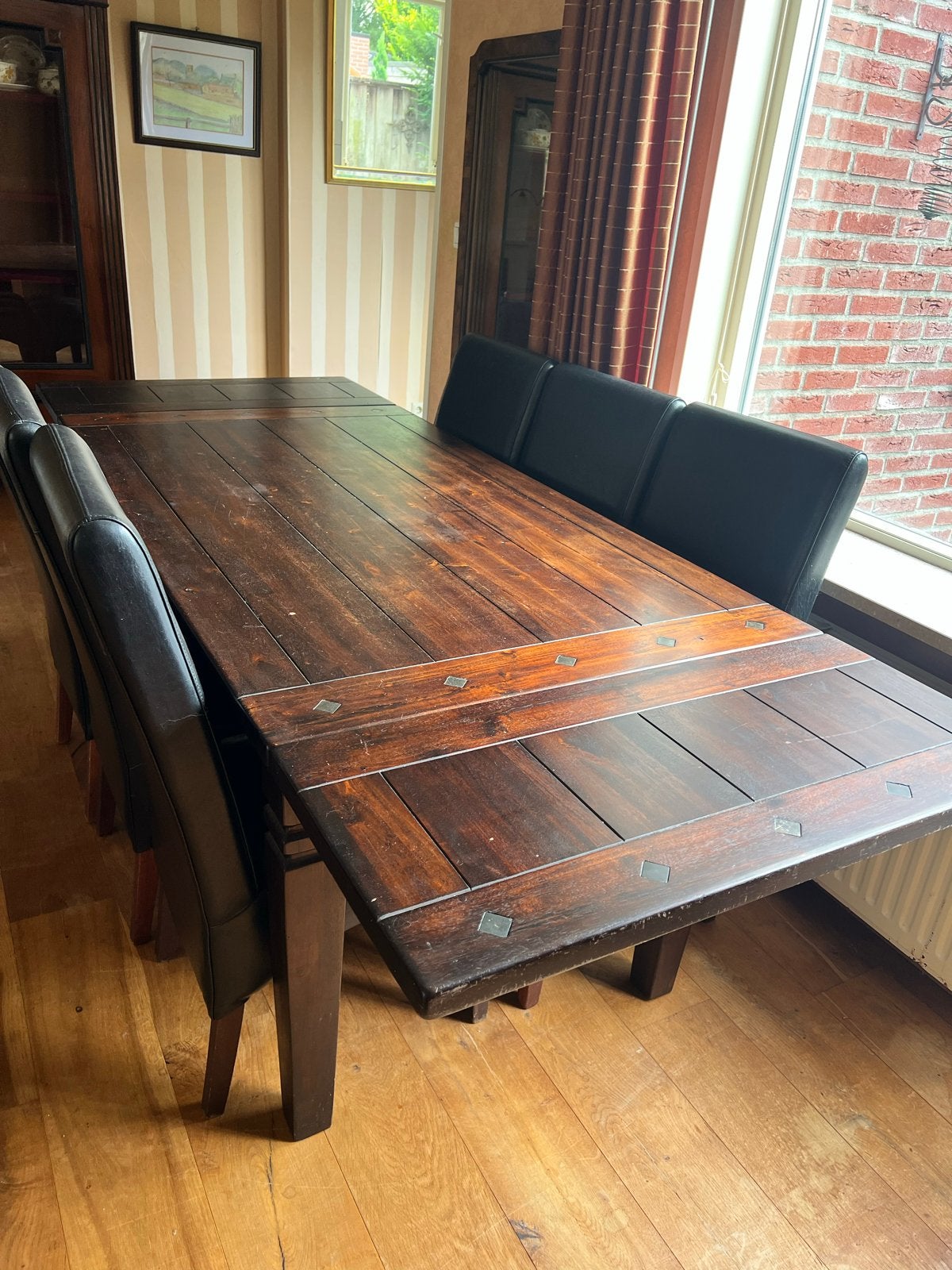 Grote eiken eettafel met verlengstukken en stoelen, Ophalen, Gebruikt, Eikenhout, 200 cm of meer