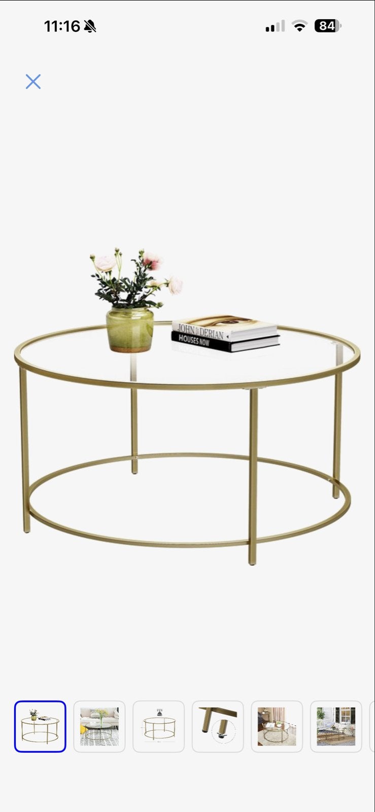 Ronde salontafel met glazen blad en gouden metalen frame, Ophalen, Rond, 50 tot 100 cm, 5 – 50