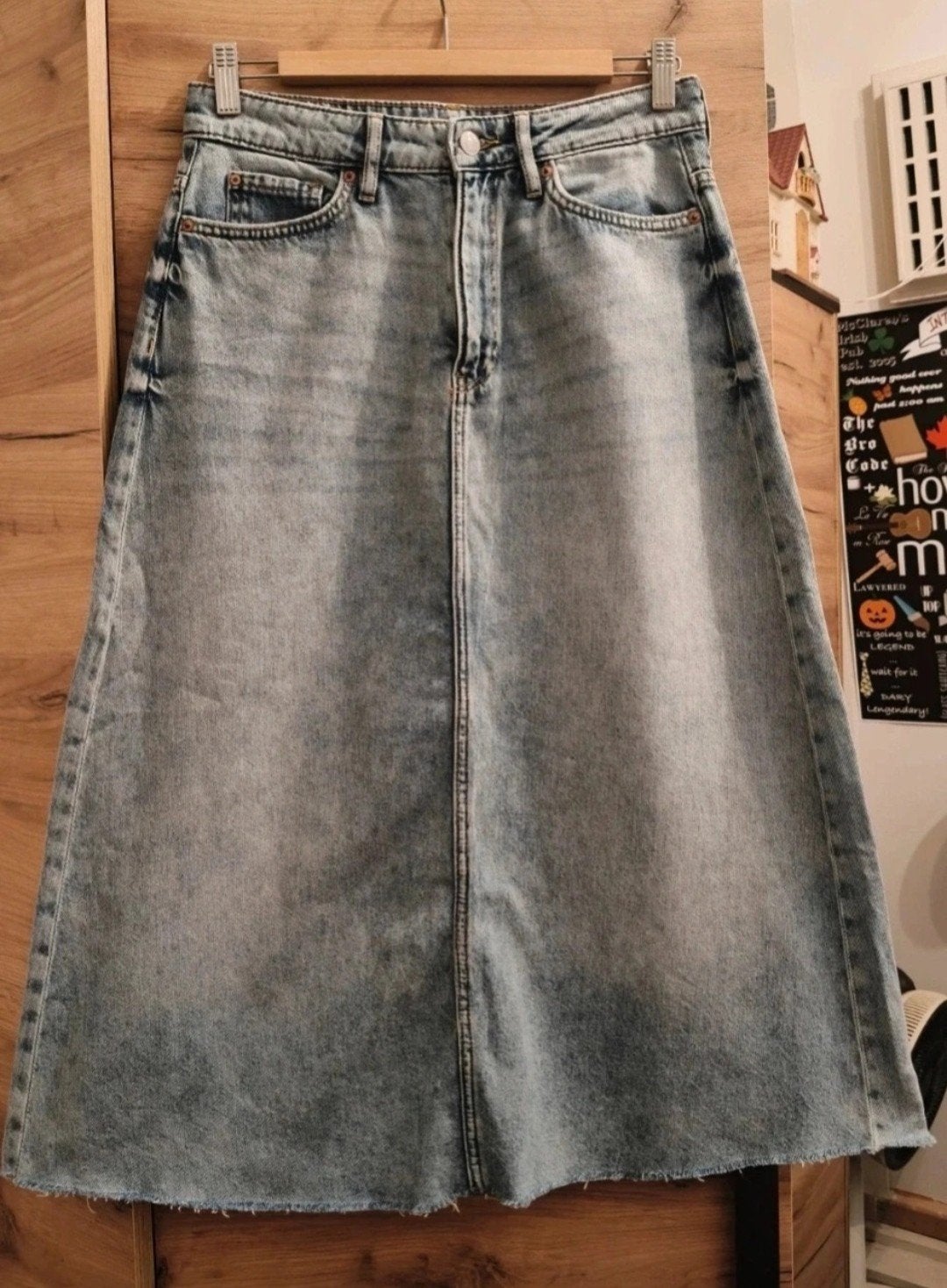 H&M &Denim Midi Rok - Lichtblauwe Denim met Raw Hem, H&M, Ophalen of Verzenden, Maat 38/40 (M), Blauw