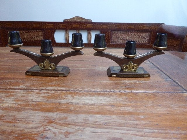 2 art deco houten kandelaars, Antiek en Kunst, Antiek | Kandelaars, Ophalen of Verzenden, Overige materialen