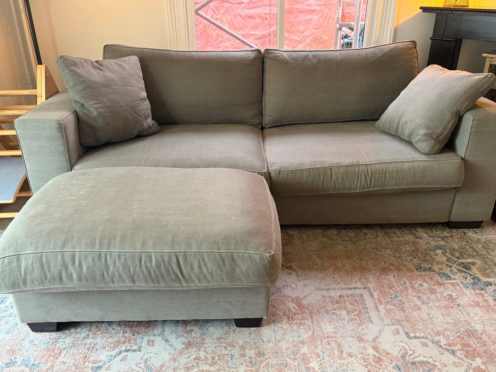 Fijne bank inclusief hocker - Taupe grijs linnen look, Huis en Inrichting, Ophalen, Gebruikt, Driepersoons, 75 tot 100 cm