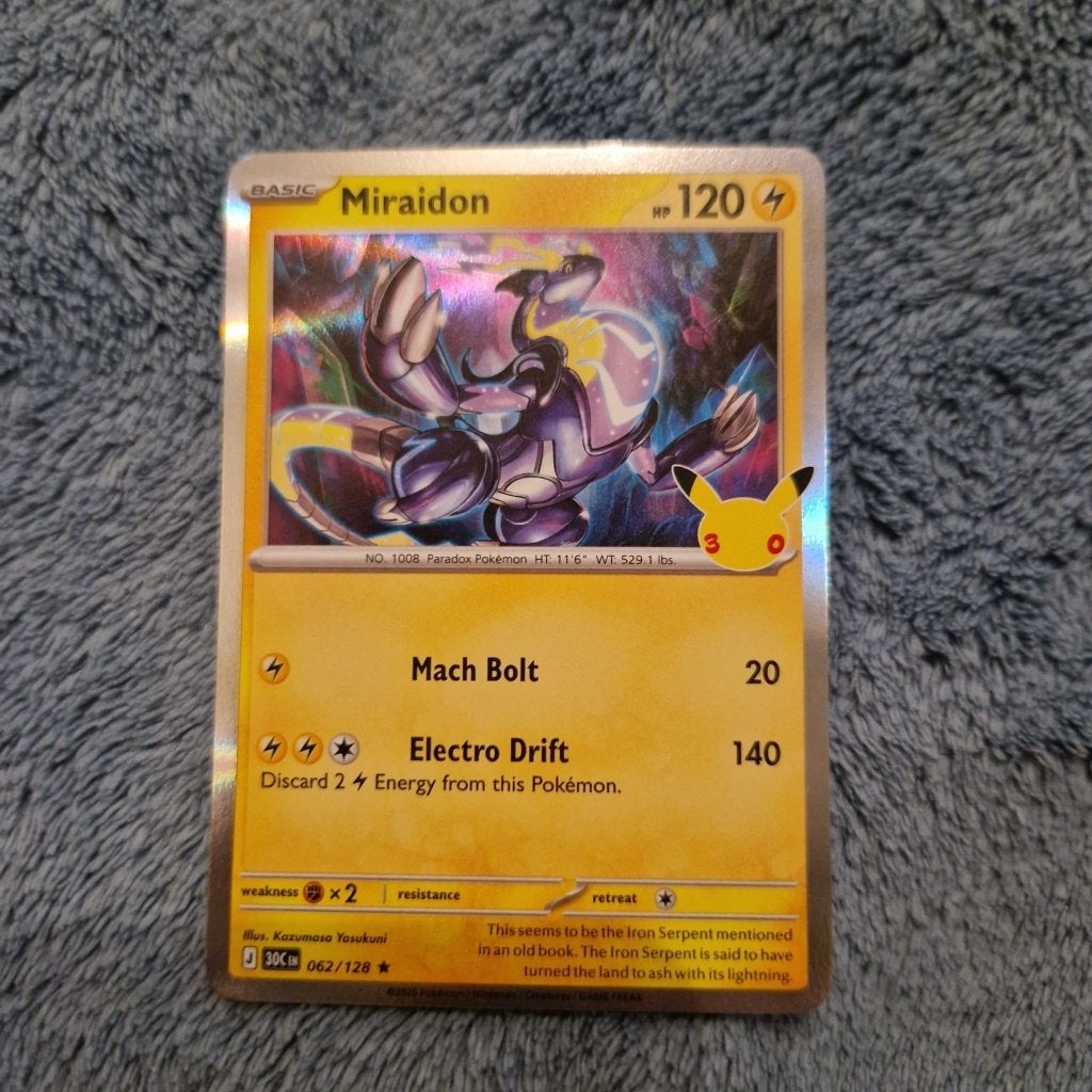 Miraidon 062/128 Pokémon 30th Celebration holo, Ophalen of Verzenden, Zo goed als nieuw, Losse kaart, Foil