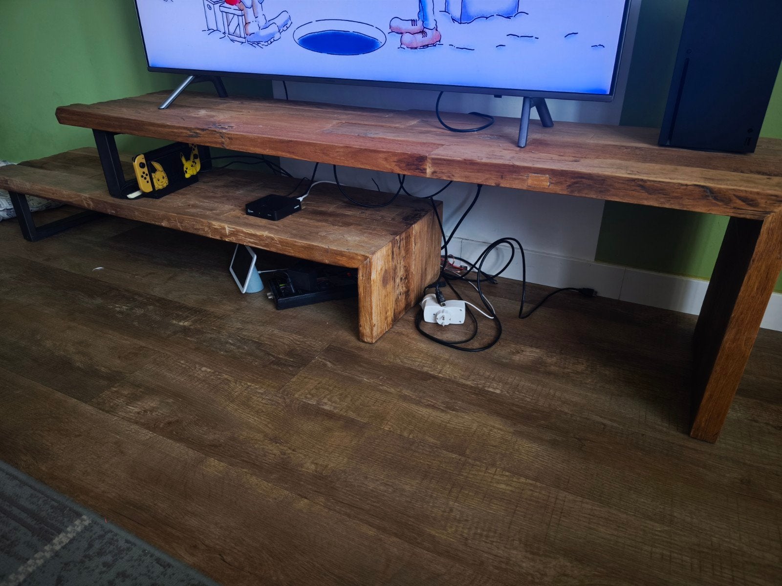 Robuust houten tv-meubel van massief teak hout, Ophalen, Gebruikt, Teakhout, 150 tot 200 cm