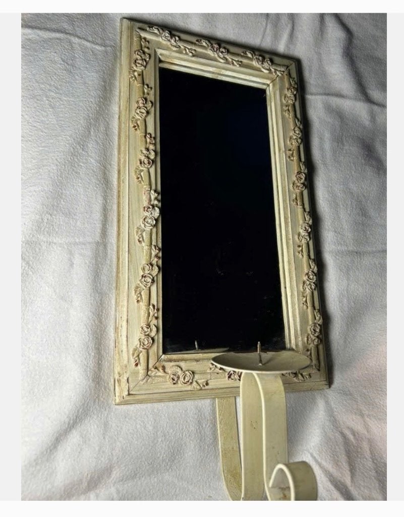 Vintage Landelijke spiegel met kaarsenstandaard roosjes, Minder dan 50 cm, Ophalen of Verzenden, Zo goed als nieuw, X