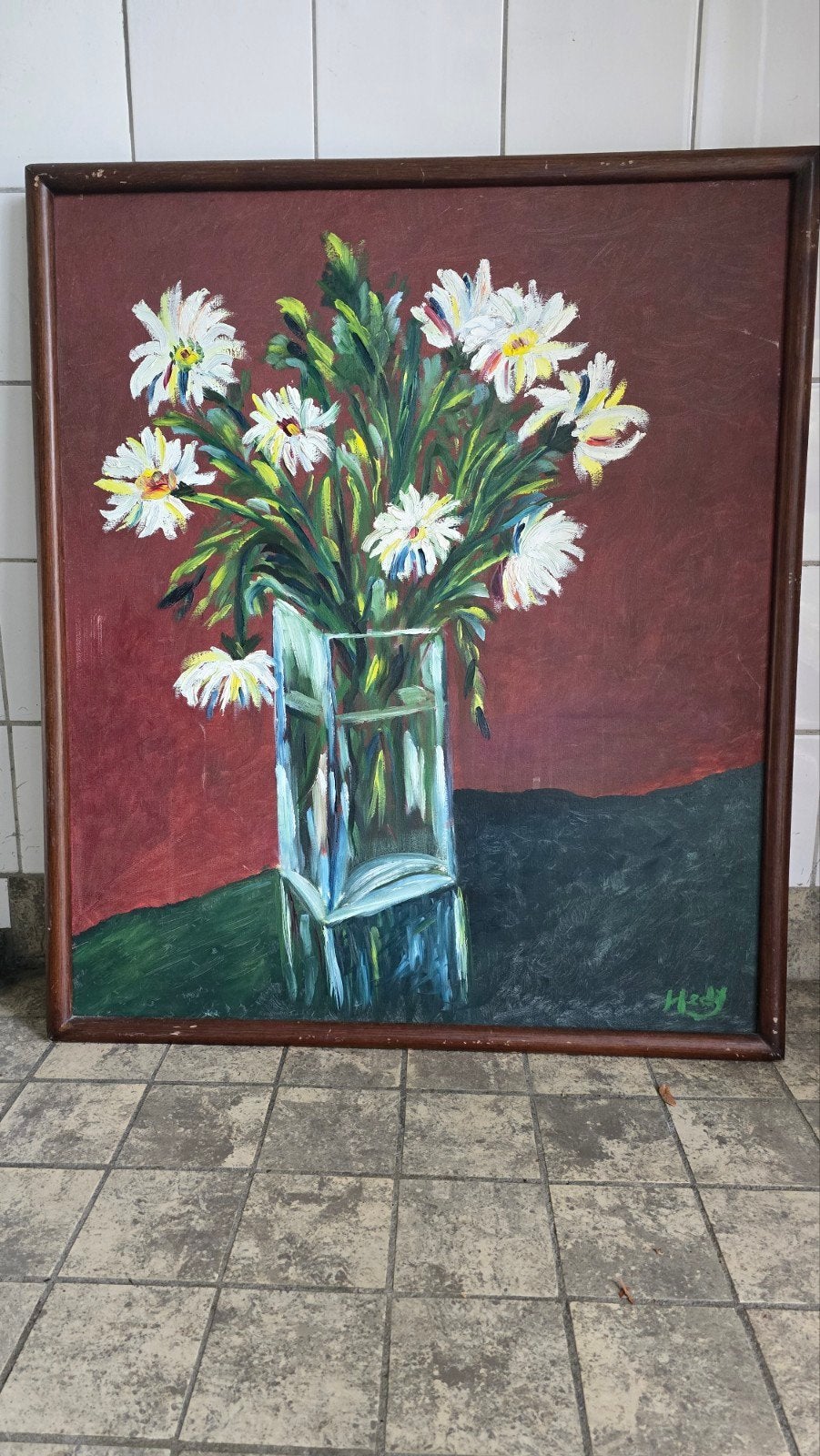 Schilderij met madelieven in vaas - Gesigneerd, Doek, Realistisch, Gesigneerd, Olieverf
