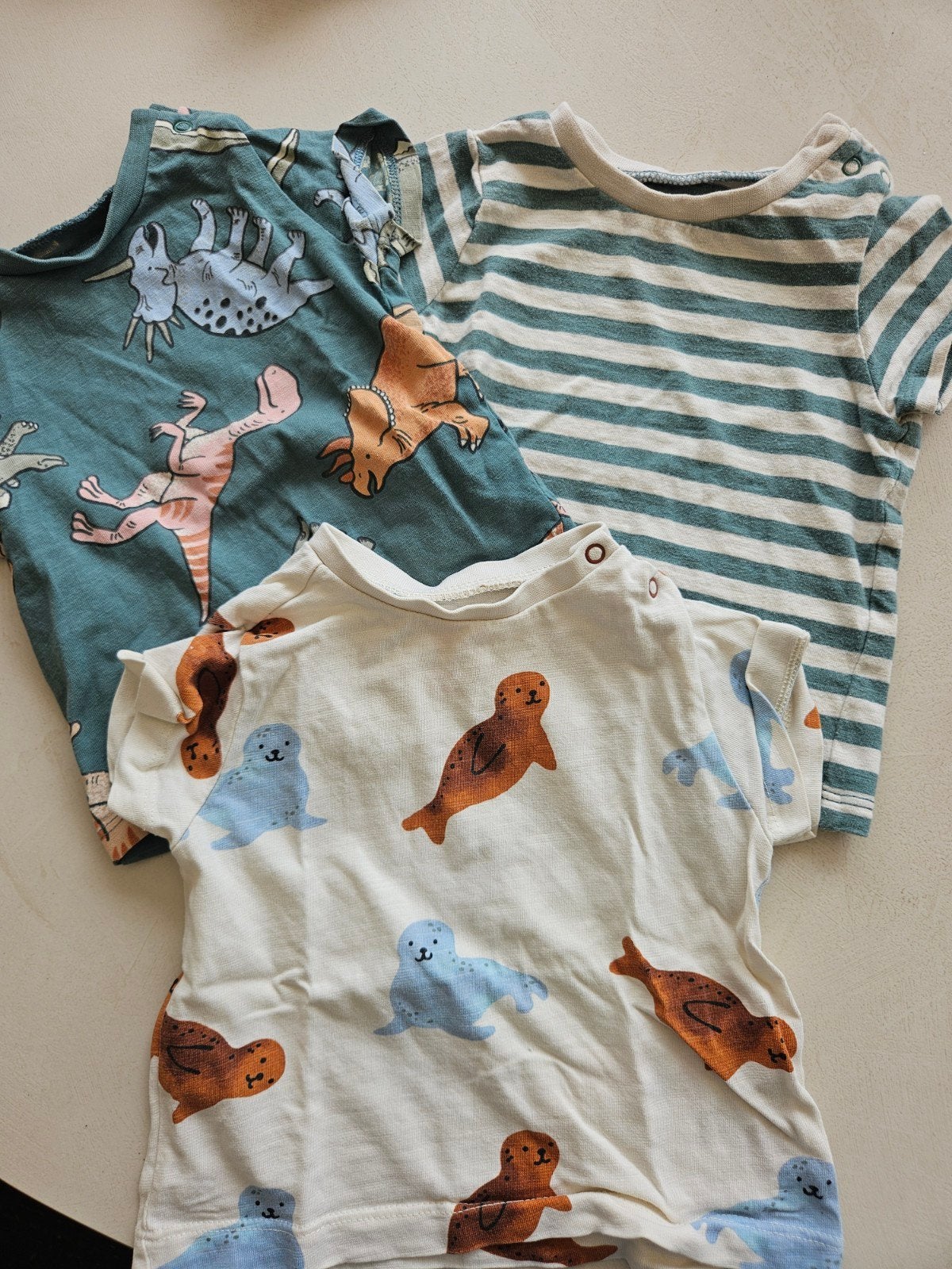 3x Baby shirtjes maat 62 - Dinosaurus, streep en zeehond, Ophalen of Verzenden, Zo goed als nieuw, Hema, Jongetje