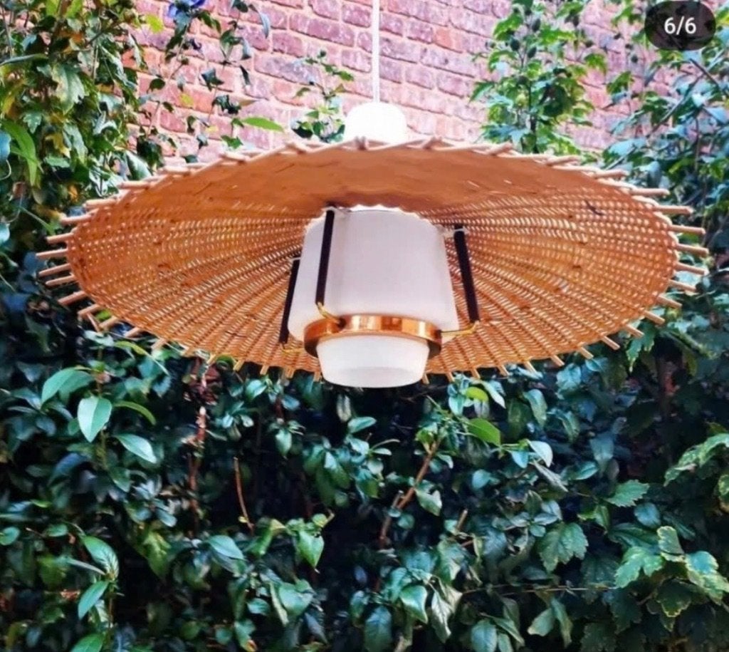 Echte vintage hanglamp in riet en glas, Ophalen of Verzenden, Glas