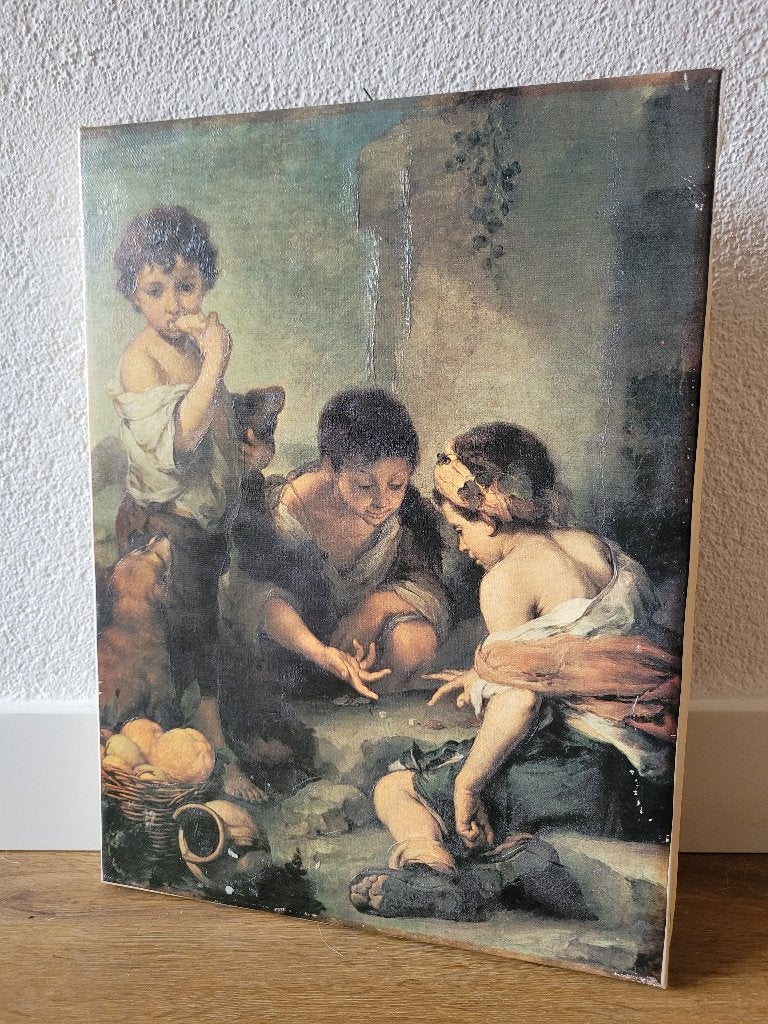 Decoratieve print Murillo 'dobbelende bedelknaapjes', Antiek en Kunst, Doek, Portret of Personen, Oud hollands, Ophalen of Verzenden