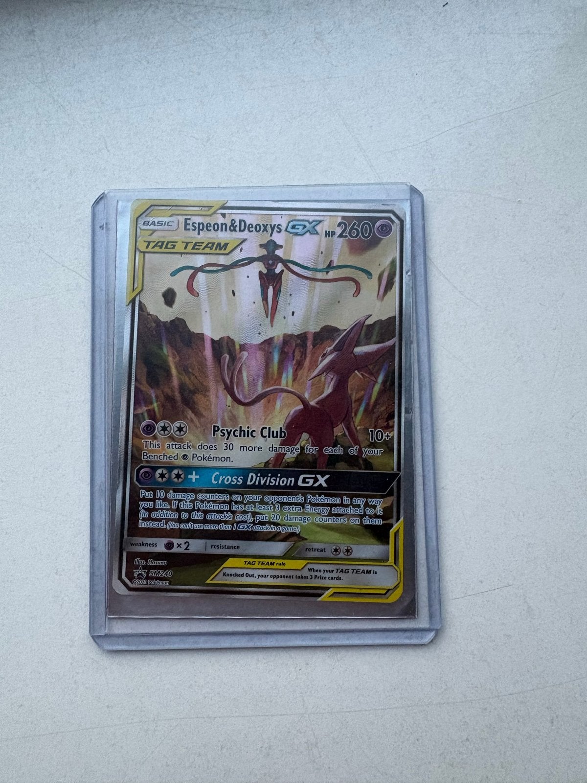 Espeon & Deoxys GX TAG TEAM Pokémon Kaart SM240, Ophalen of Verzenden, Zo goed als nieuw, Losse kaart