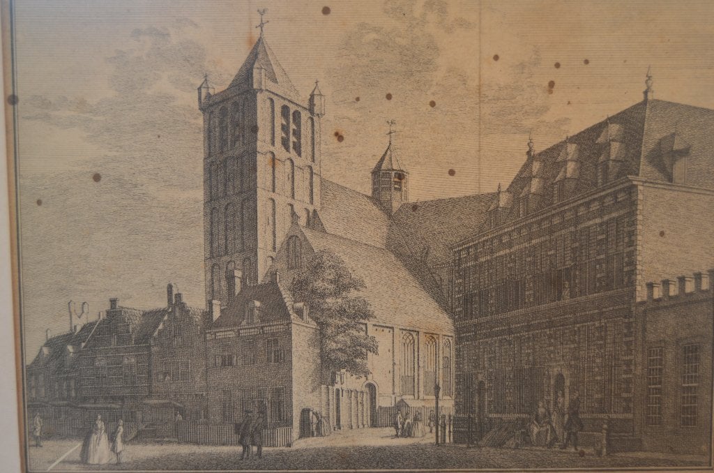 Ets 1743 C. Pronk J. C. Philips Oude Kerk Middelburg, Ets, Stadsgezicht, Ingelijst, Ophalen of Verzenden