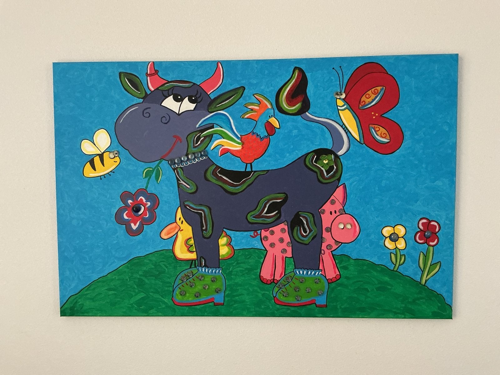 Vrolijke Koeienkunst: Handgeschilderd Schilderij 110x75 cm, Ophalen, Acrylverf, Handgeschilderd, Dieren