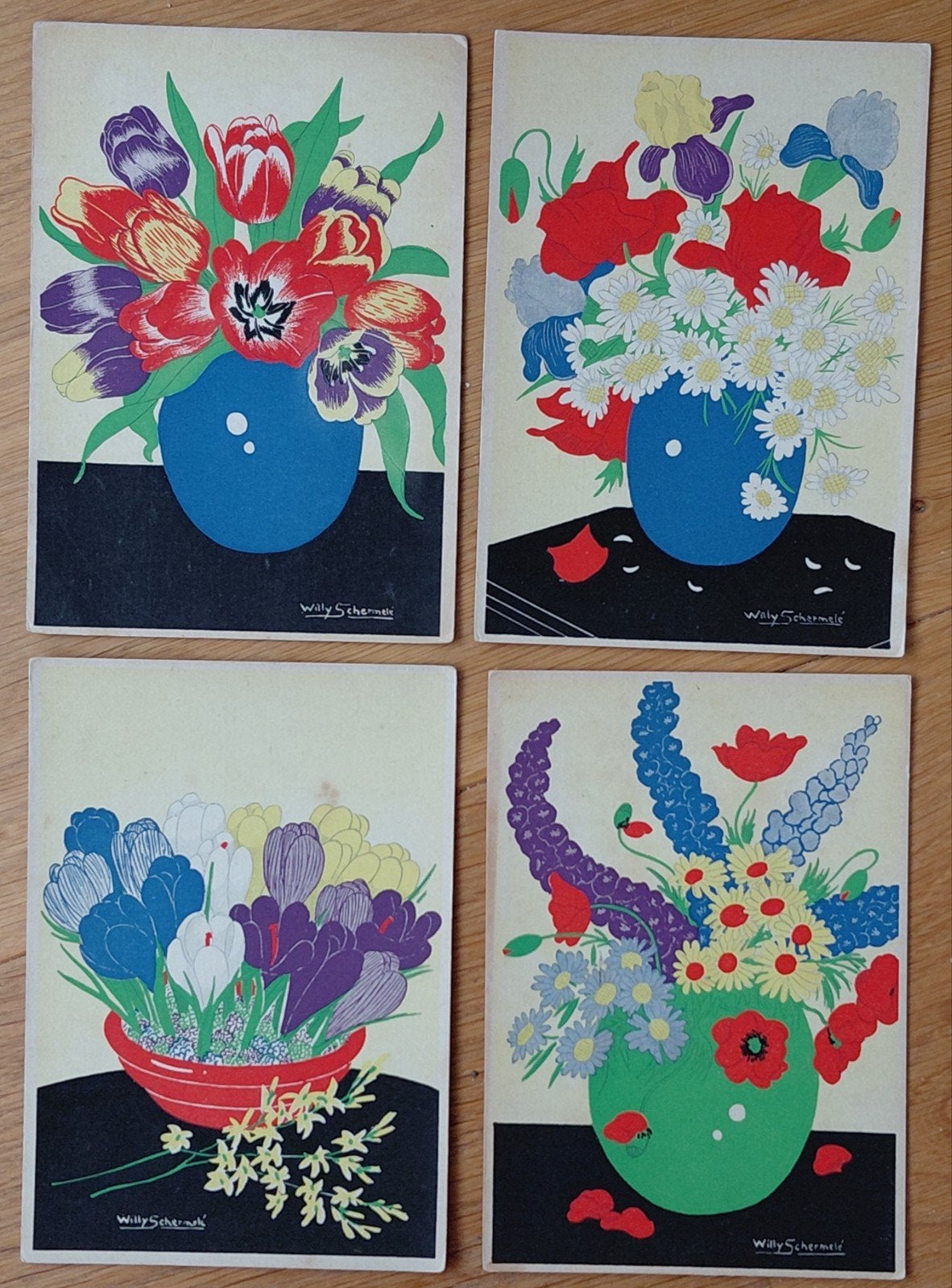 4x AK Willy Schermelé - bloemenweelde, Verzamelen, Verzenden, 1940 tot 1960, Ongelopen, Natuur