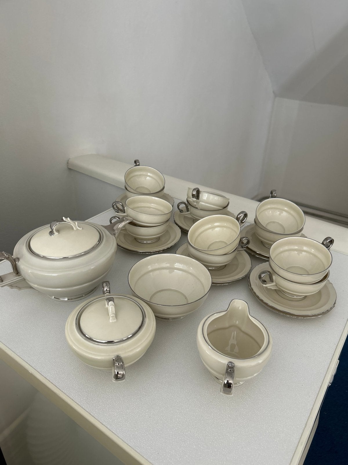 Vintage porseleinen theeservies met zilveren rand, Ophalen of Verzenden