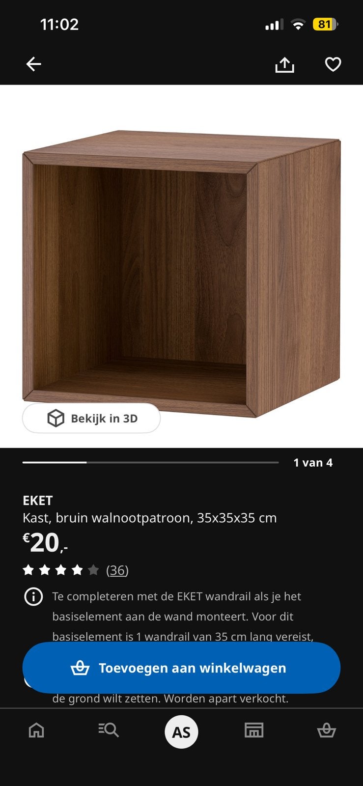 Eket walnoot, Huis en Inrichting, Kasten | Dressoirs, Ophalen, Zo goed als nieuw, 25 tot 50 cm, 50 tot 100 cm