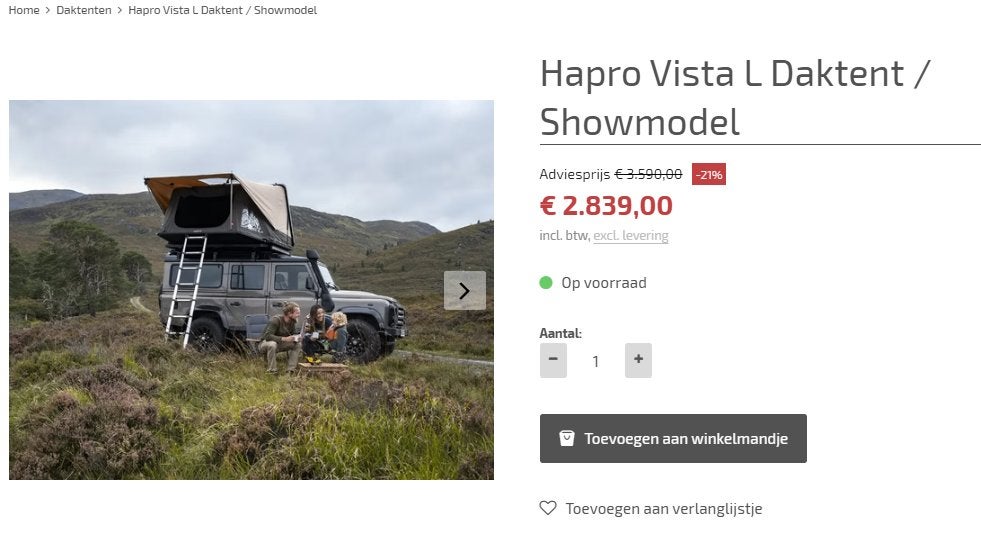 Hapro Vista L daktent - Showmodel, Ophalen, Nieuw, Tot en met 2