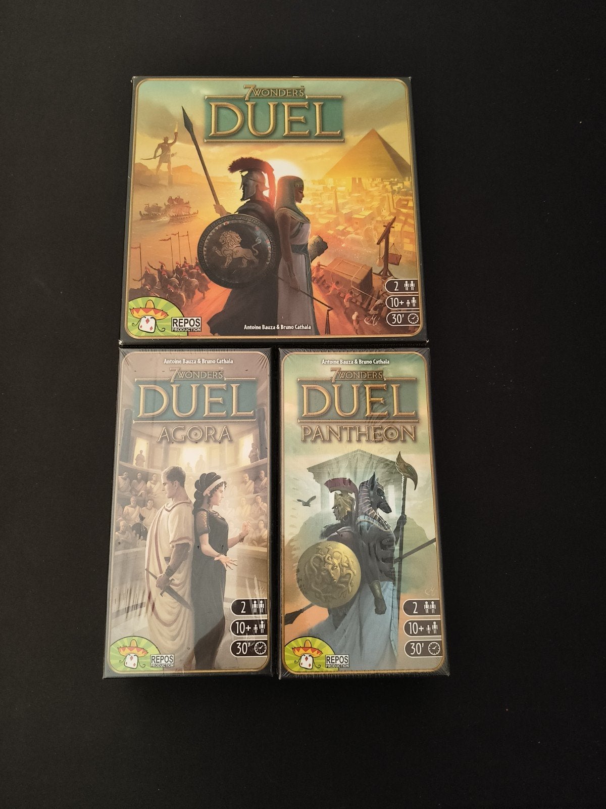 7 Wonders Duel met Agora en Pantheon uitbreidingen, Een of twee spelers, Ophalen of Verzenden, Zo goed als nieuw, Repos Production