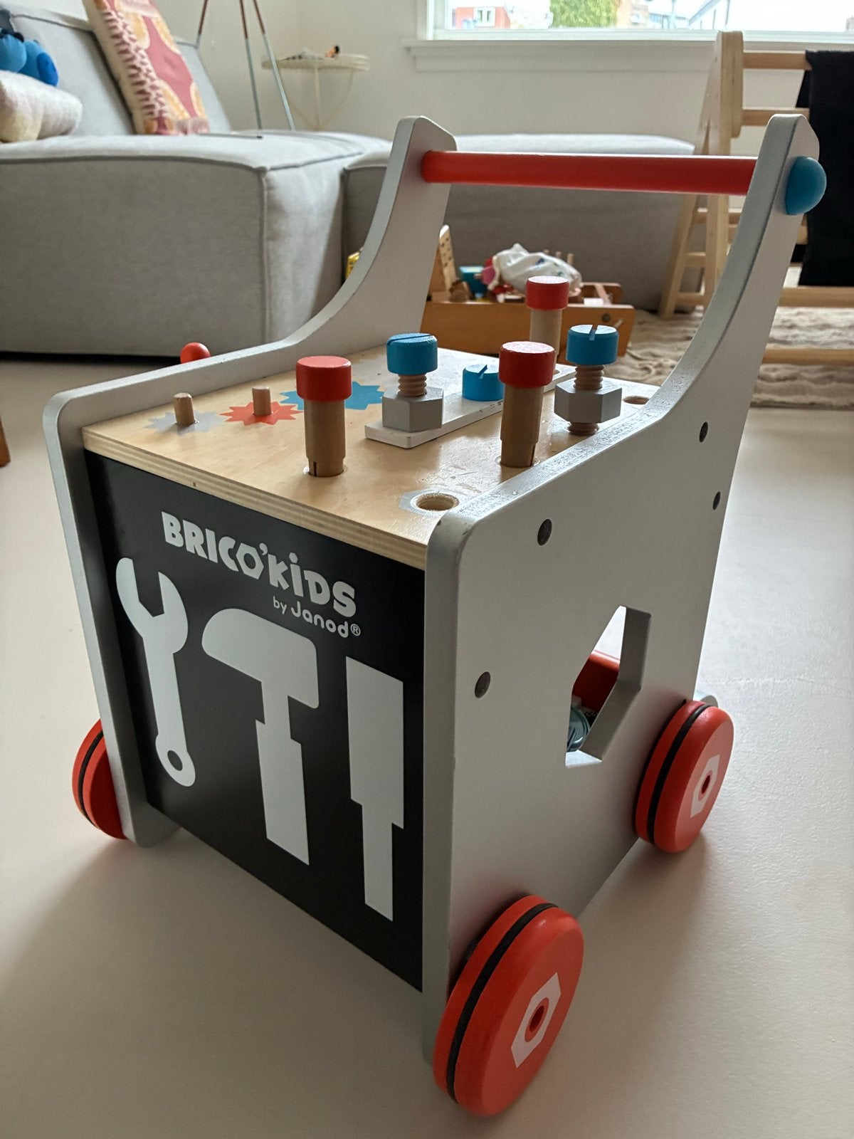 Janod Brico'Kids loopwagen en werkbank, Ophalen, Gebruikt, Overige typen, Met wieltjes
