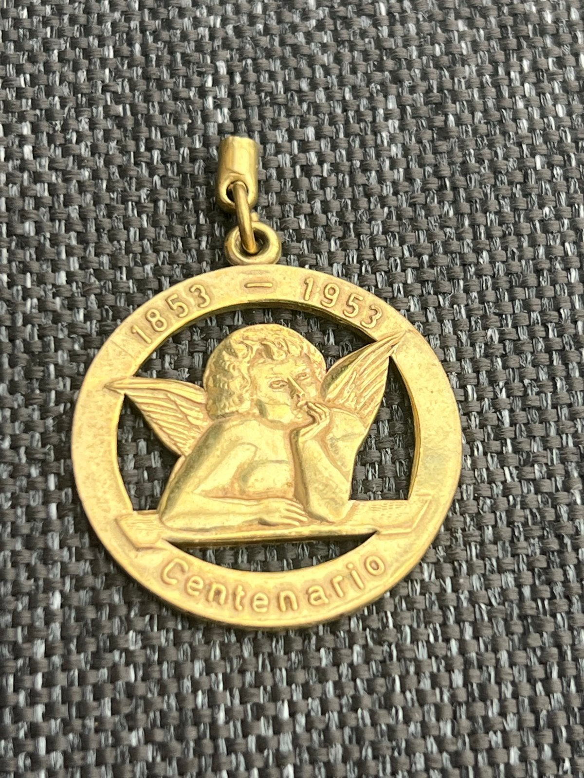 Gouden Hanger met Engel - Centenario 1853-1953, Sieraden, Tassen en Uiterlijk, Antieke sieraden, Ophalen of Verzenden, Goud, Hanger