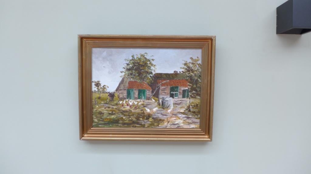 L. van den Heijden (XX) - Boerenerf met kippen en koe, Antiek en Kunst, Ophalen of Verzenden