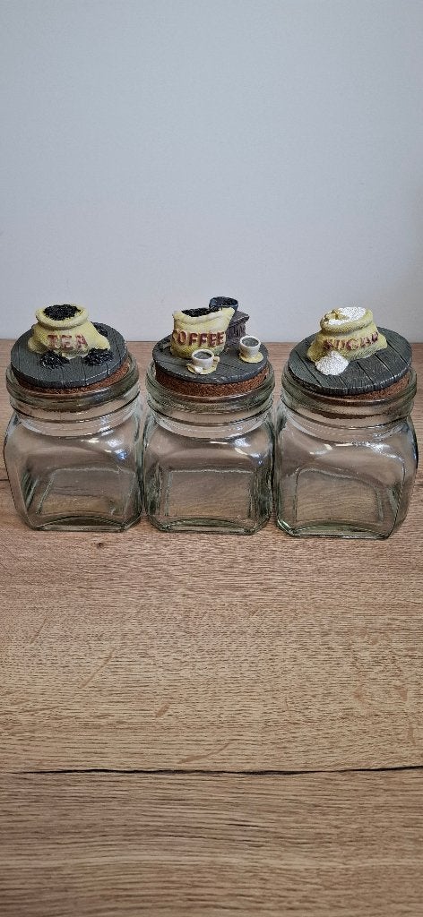 glazen voorraadpotten koffie thee suiker decoratieve deksels, Onbekend, Ophalen of Verzenden, Onbekend, Theedoos