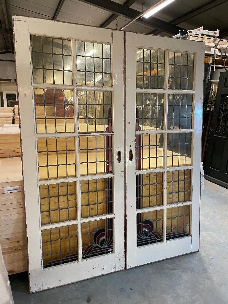 Set openslaande deuren met glas in lood 206x165cm.