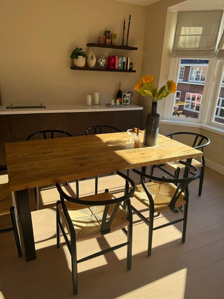 Robuuste eettafel 6 pers met metalen onderstel (90x180 cm), Huis en Inrichting, Tafels | Eettafels, Ophalen, Gebruikt, 50 tot 100 cm