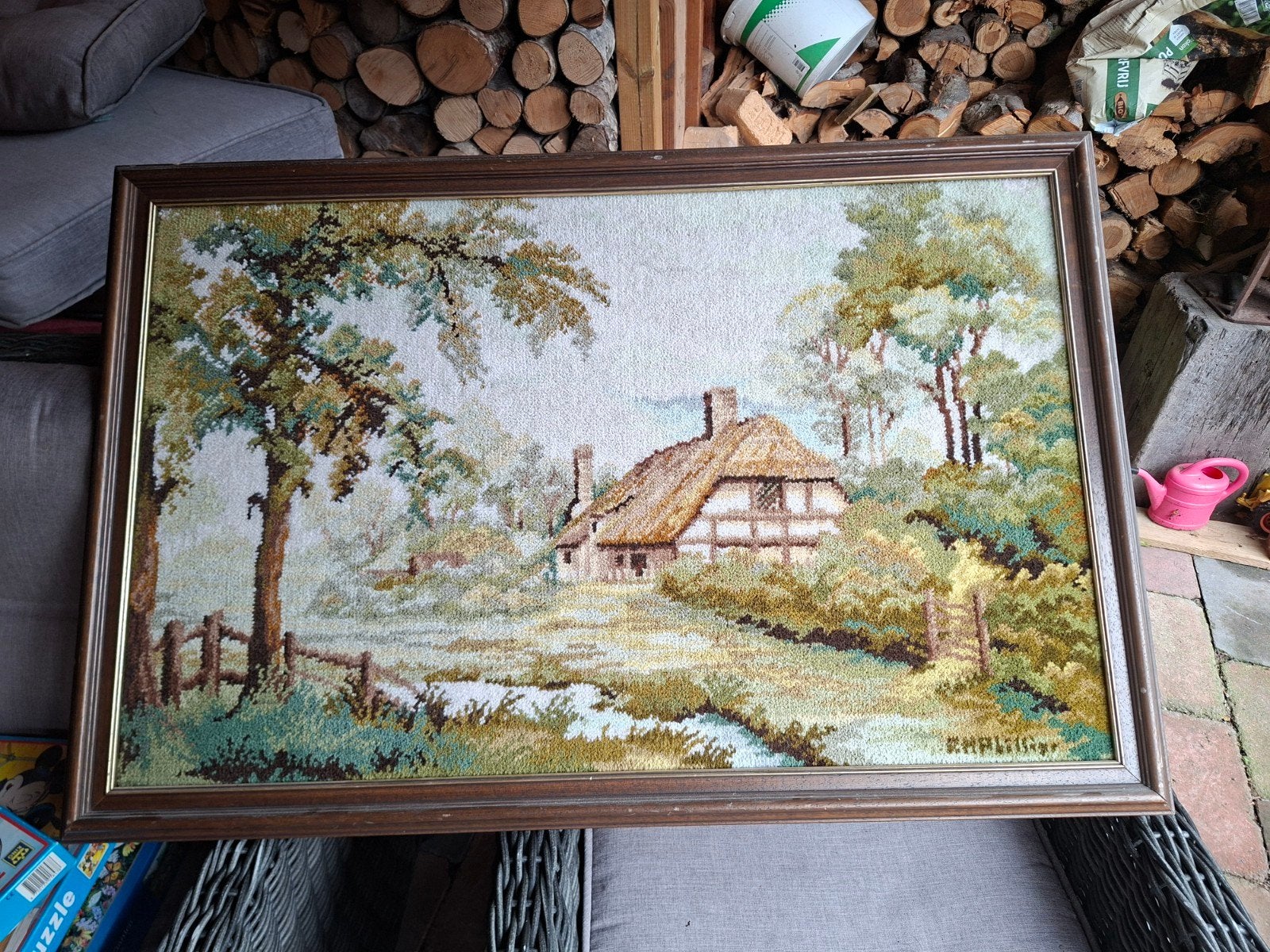 Vintage Geborduurd Schilderij - Landelijk Tafereel, Ophalen, 50 – 75, Gebruikt, Schilderij
