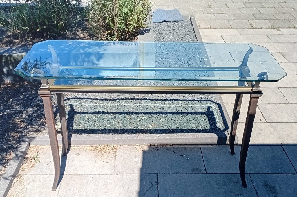 Sidetable + 2 bijzettafels van smeedijzer en glas, Ophalen, Metaal of Aluminium, 75 cm of meer, 60 cm of meer