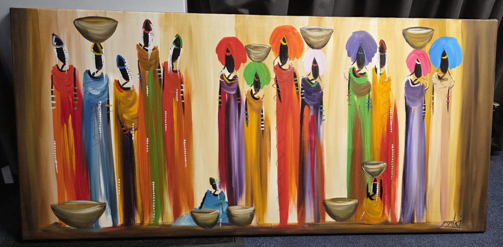 Groot, breed schilderij Afrikaanse vrouwen met potten, Portret of Personen, Ophalen of Verzenden, Olieverf, Handgeschilderd