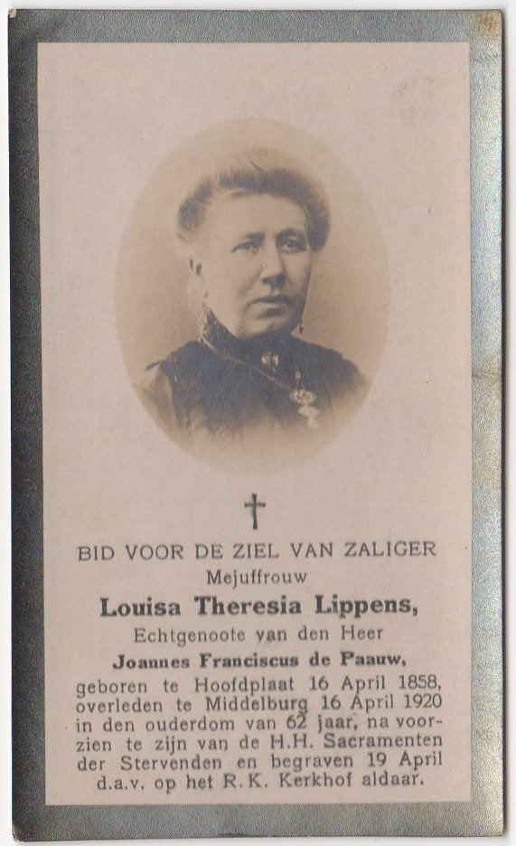 Louisa Th. Lippens 1858 Hoofdplaat + 1920 Middelburg, 62 jr, Verzenden