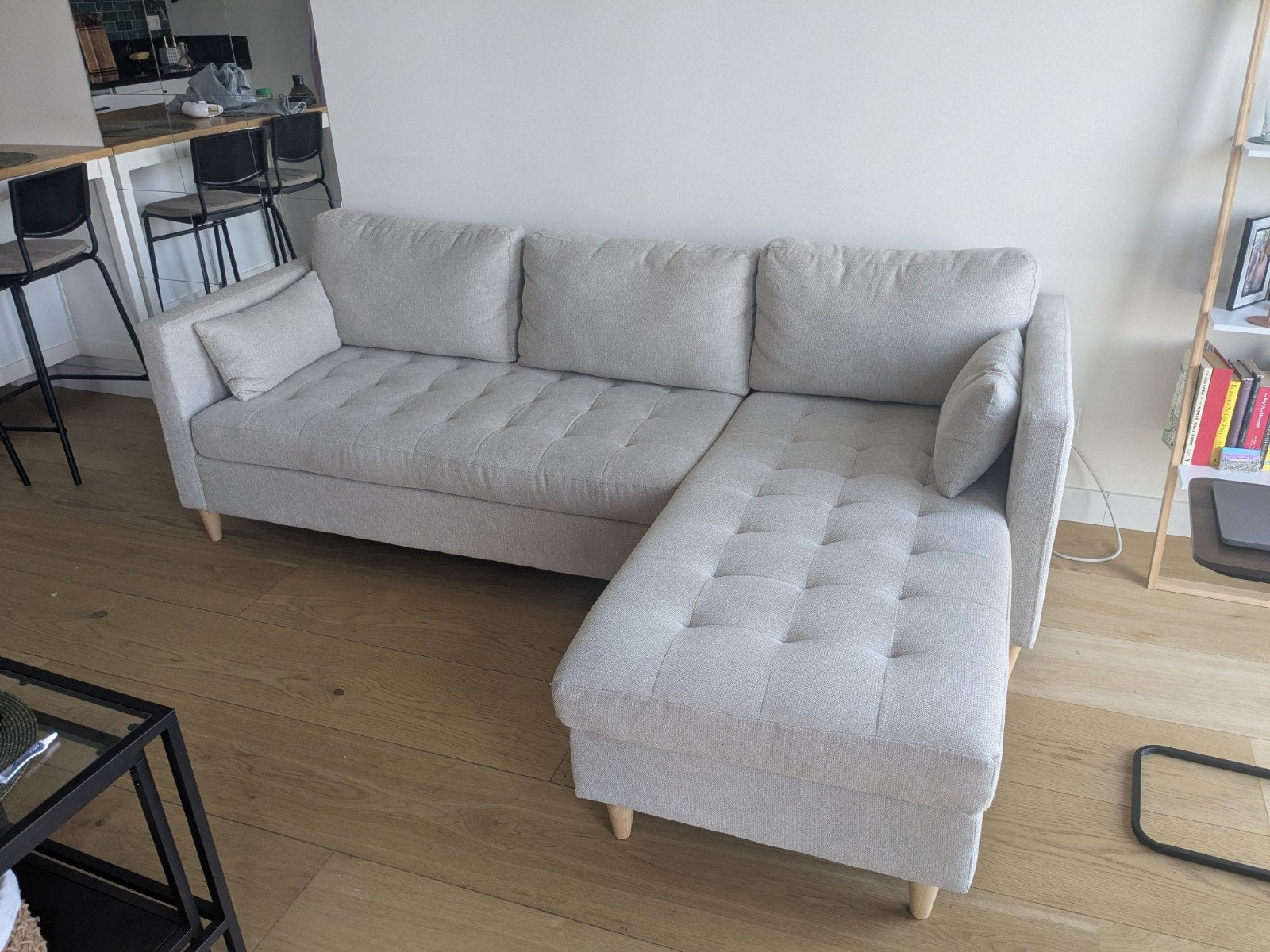 Comfortabele L-vormige bank - 215x82cm, Ophalen, Driepersoons, 75 tot 100 cm, Zo goed als nieuw