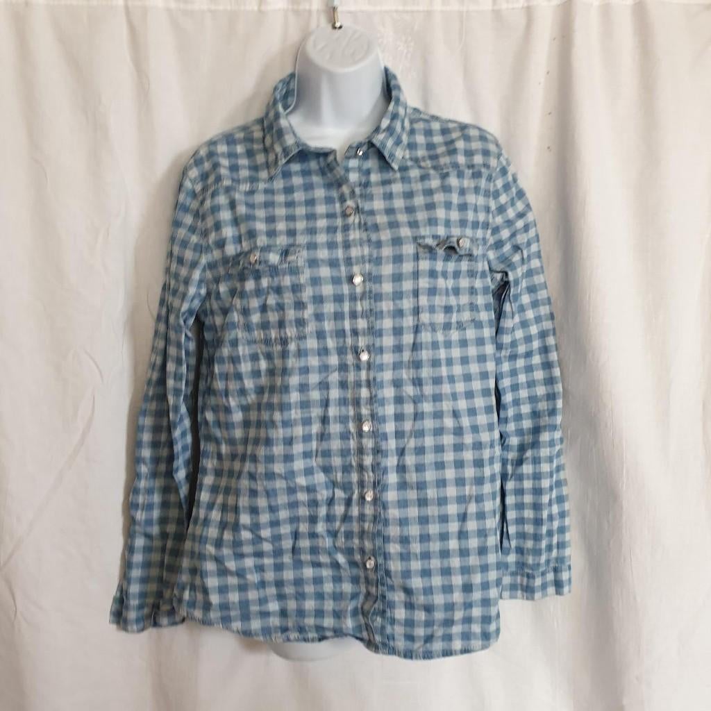 Mooie blauw geblokte blouse. Mt M. Merk May & Co, Maat 38/40 (M), Blauw, ., Ophalen of Verzenden