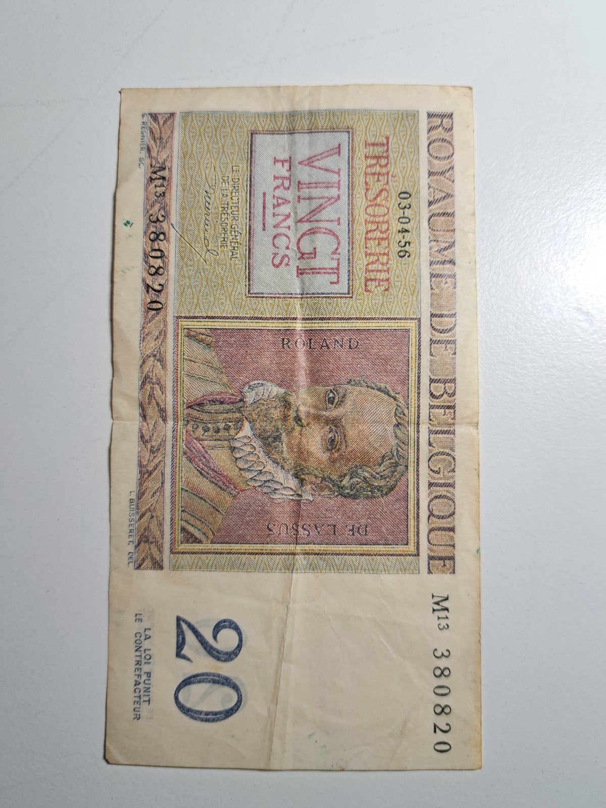 Belgisch biljet 20 frank 1956 - Roland de Lassus, Ophalen of Verzenden, Los biljet