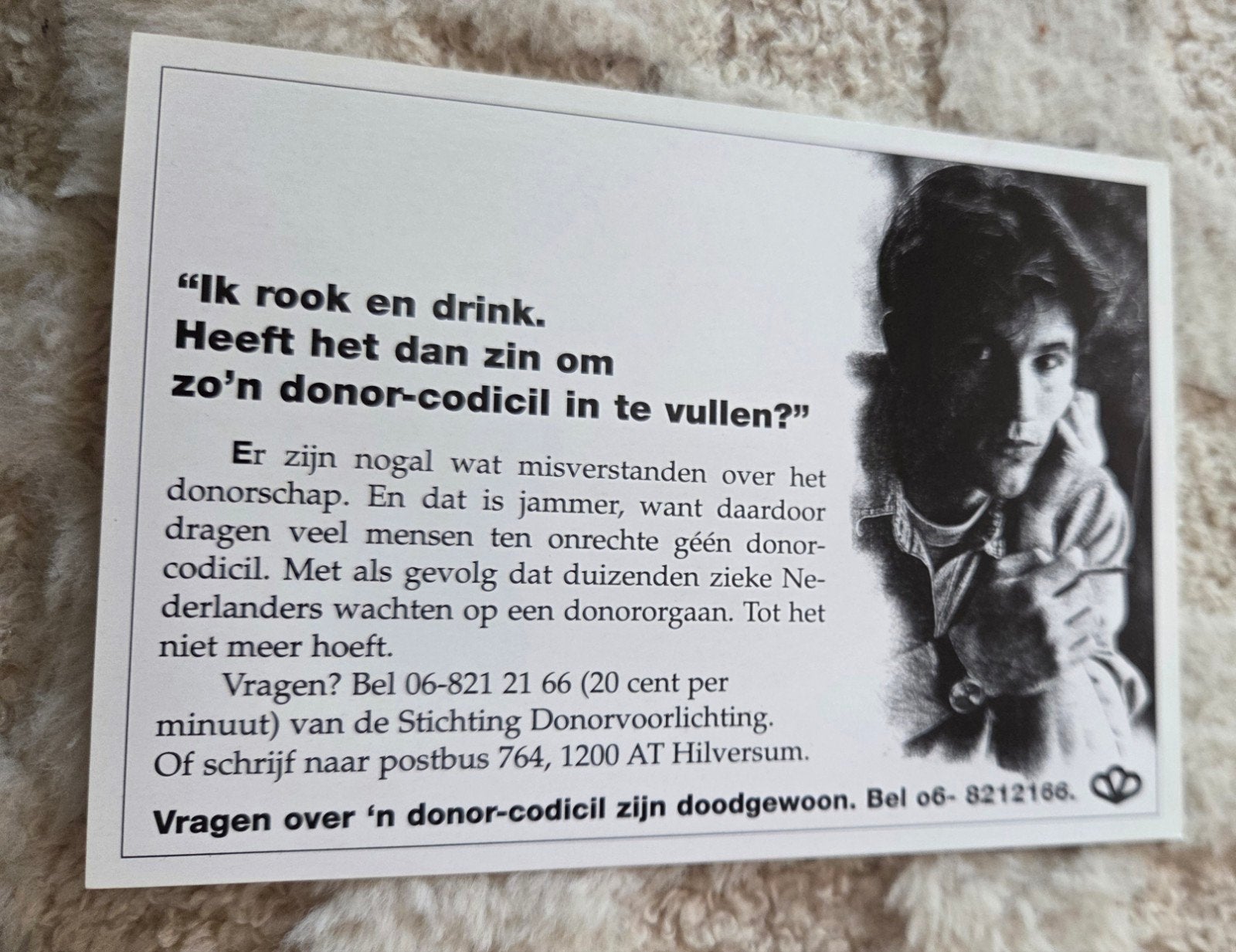 Donorcodicil - "Ik rook en drink", Verzenden, 1980 tot heden, Ongelopen, Overige thema's