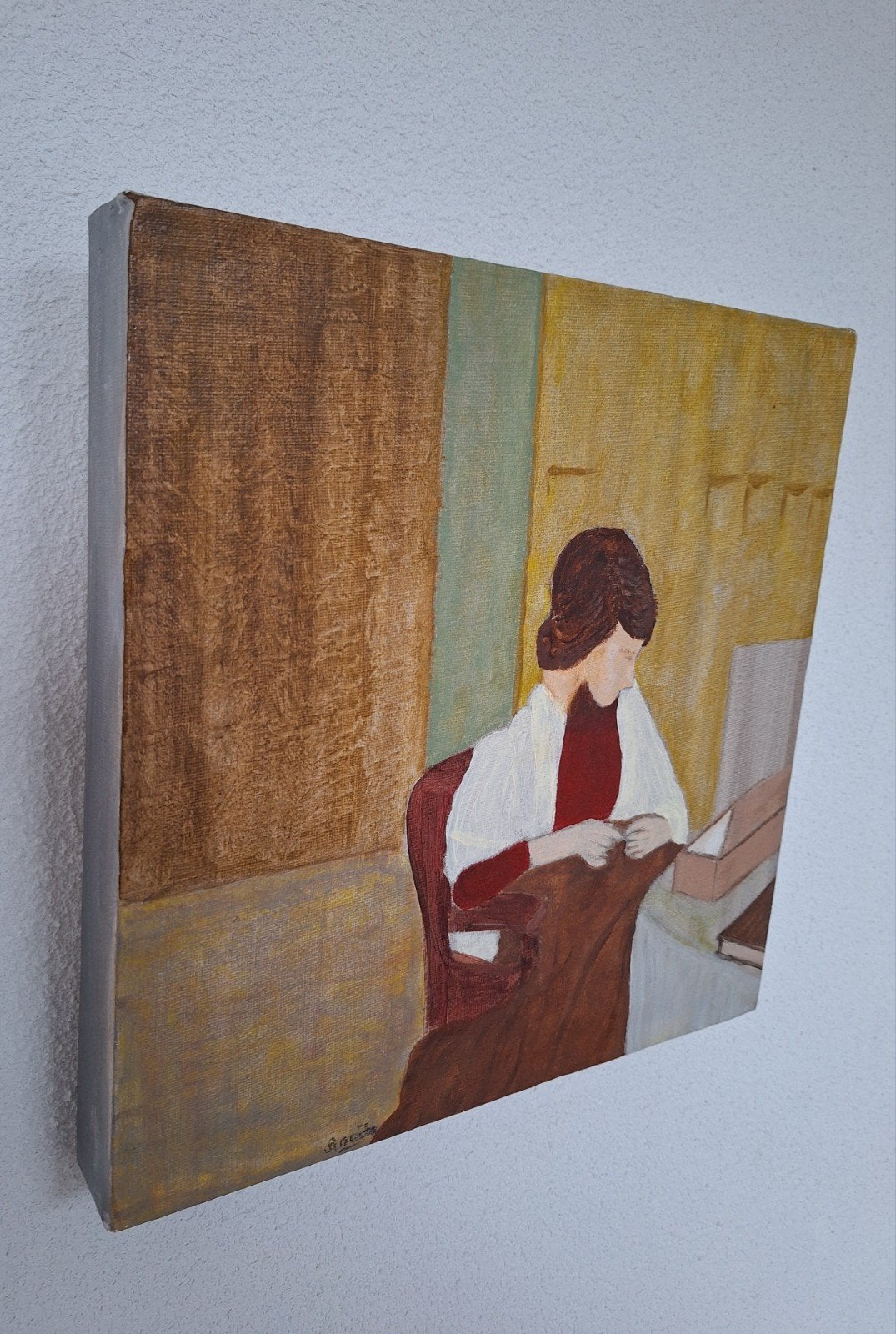 Vrouw in stoel - Acrylverfschilderij op doek, Antiek en Kunst, Kunst | Schilderijen | Klassiek, Acrylverf, Stilleven, Ophalen of Verzenden