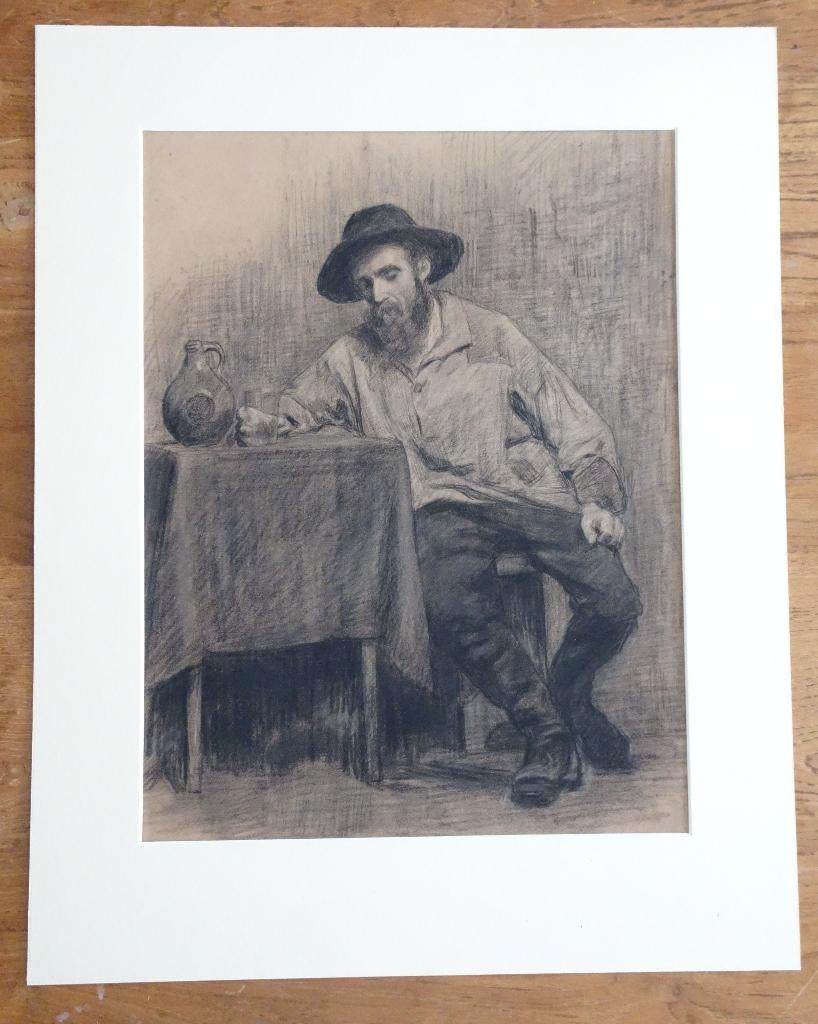Tekening - Zittende man met hoed en baardmankruik 1890-1920, Antiek en Kunst, Kunst | Tekeningen en Foto's, Ophalen of Verzenden