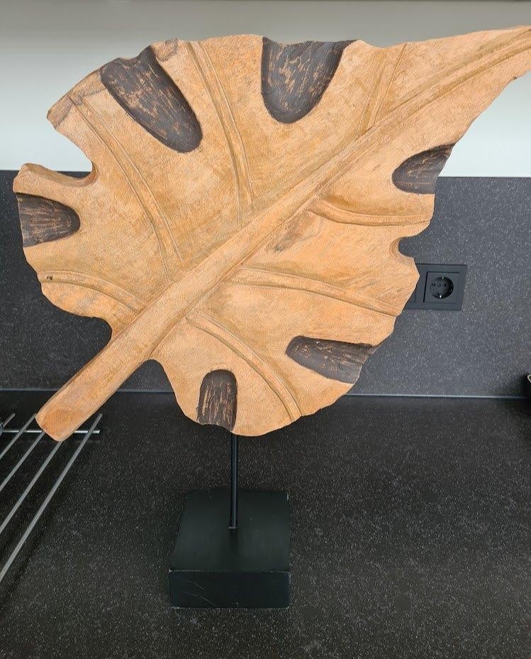 Zwaar massief houten ornament 'blad' op voet, Huis en Inrichting, Woonaccessoires | Overige, Ophalen, Hout, Bruin, Landelijk