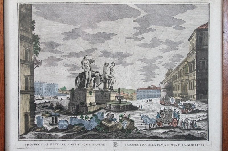 Gravure 18de eeuw Rome Castor en Pollux, handingekleurd, Antiek en Kunst, Ophalen of Verzenden, Stadsgezicht, Gravure, 1700 - 1799