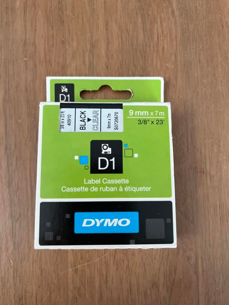 Dymo D1 Label Cassette 9mm x 7m Zwart/Transparant, Computers en Software, Labelprinters, Ophalen of Verzenden, Nieuw, Tape-label