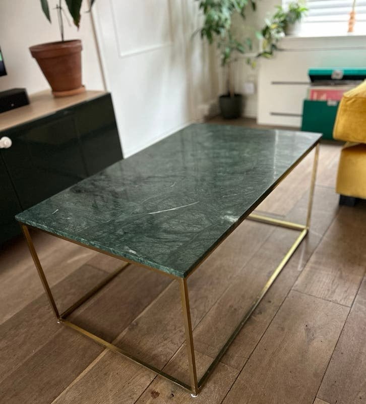 Vintage groene marmeren salontafel met goud onderstel, Huis en Inrichting, Ophalen, Gebruikt, 100 tot 150 cm, 50 tot 100 cm