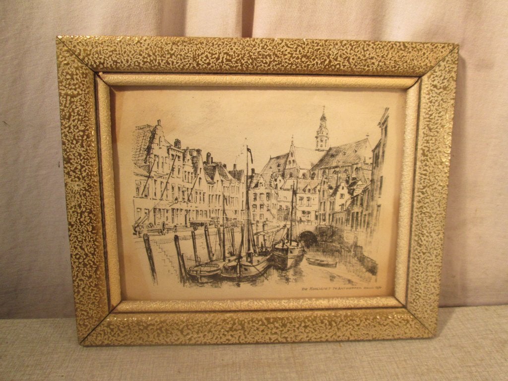 Mooie Oude Tekening 'Koolvliet Antwerpen' - 30x25, Antiek en Kunst, Ophalen of Verzenden, Tekening, Handgemaakt