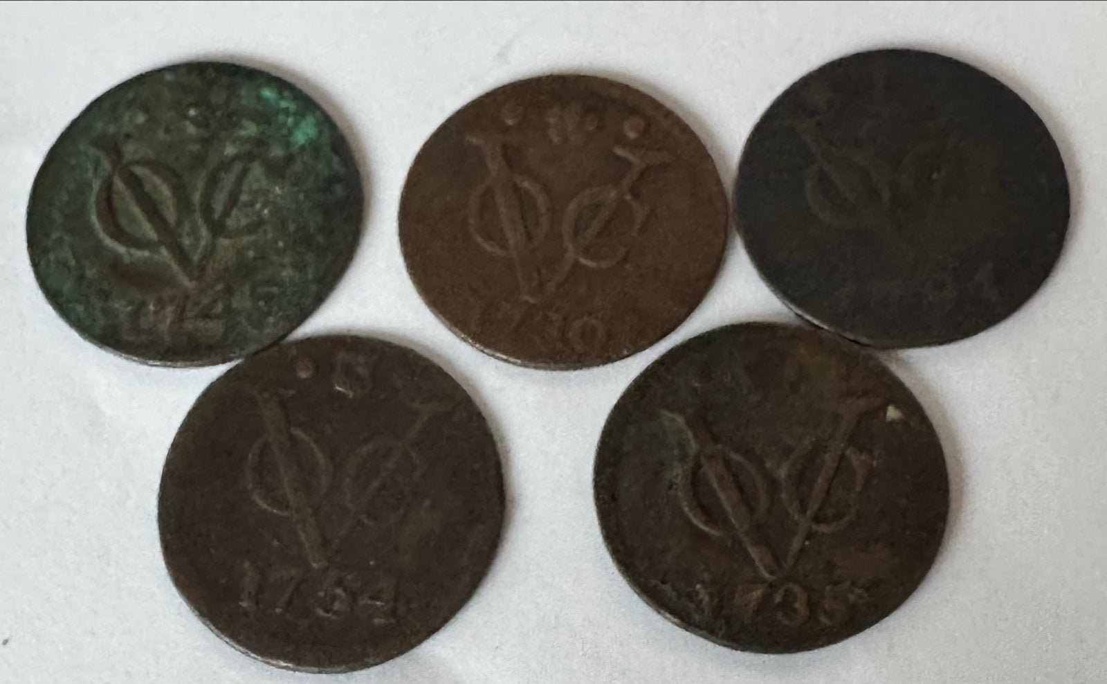 5 oude VOC Nederlandse munten uit de 18e eeuw, Ophalen of Verzenden, Vóór koninkrijk, Overige waardes, Setje