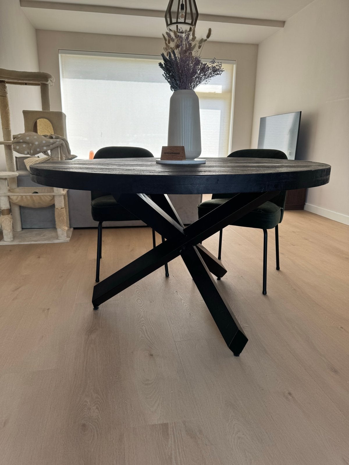 Zwarte ronde eettafel - 1.20m diameter, Ophalen, 100 tot 150 cm, Rond, Zo goed als nieuw