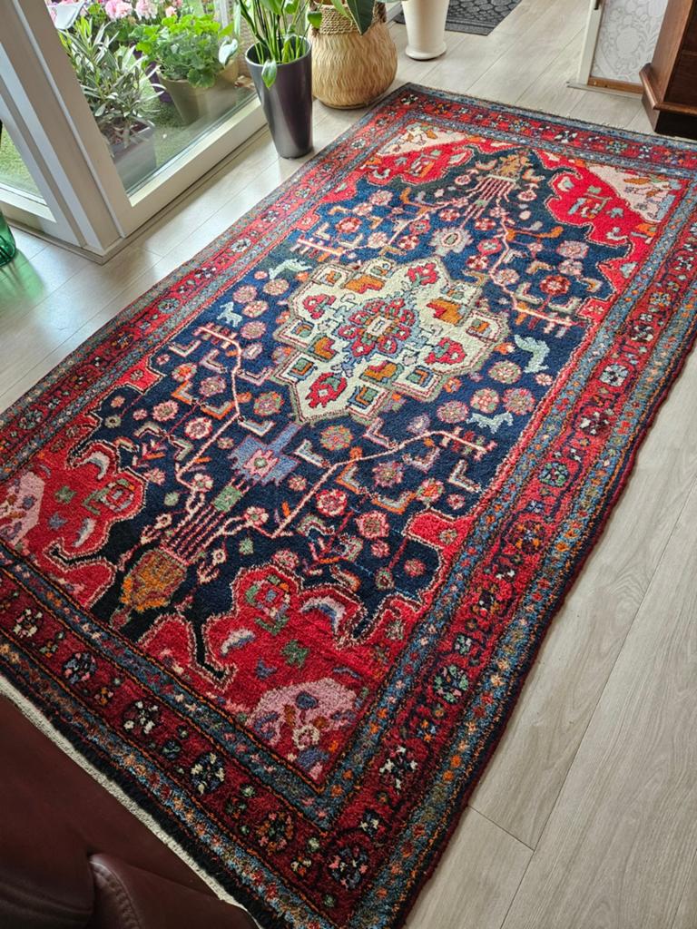 Vintage Perzisch tapijt Handgeknoopt Rood/Blauw 2.20x 1.30cm, Ophalen, Crème, 100 tot 150 cm, 200 cm of meer
