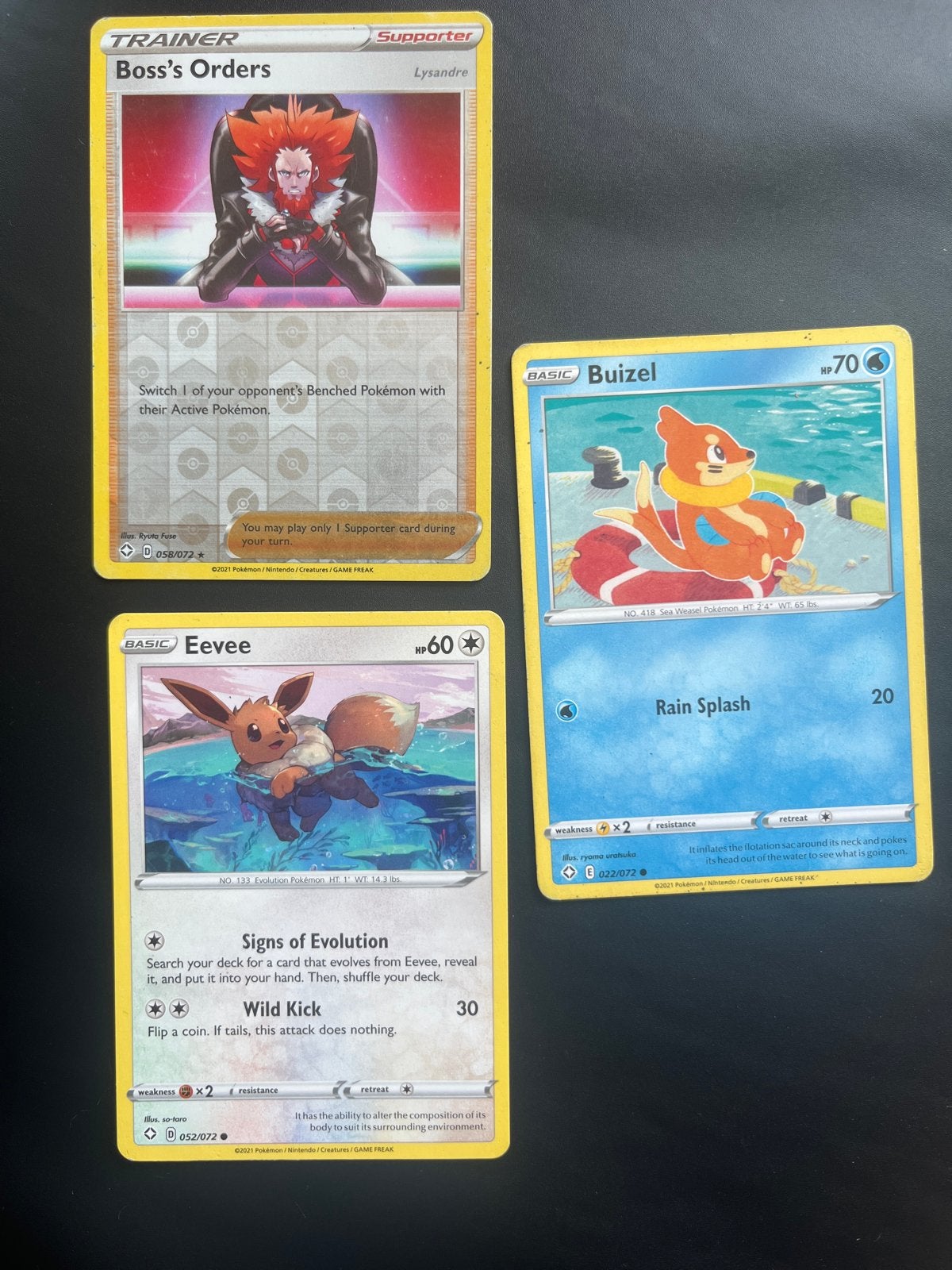 Pokémon Kaarten: Boss's Orders, Eevee en Buizel, Ophalen of Verzenden, Gebruikt, Meerdere kaarten